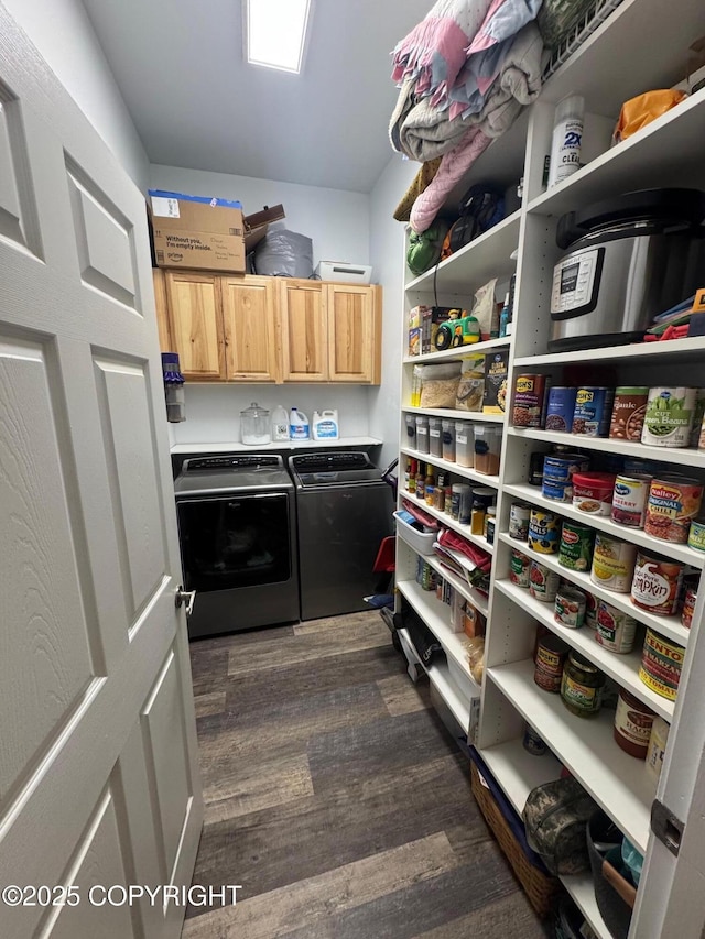 6780 W Blondell Dr, Wasilla, AK 99623 - laundry area with cabinet space, washing machine and clothes dryer, and dark wood-type flooring