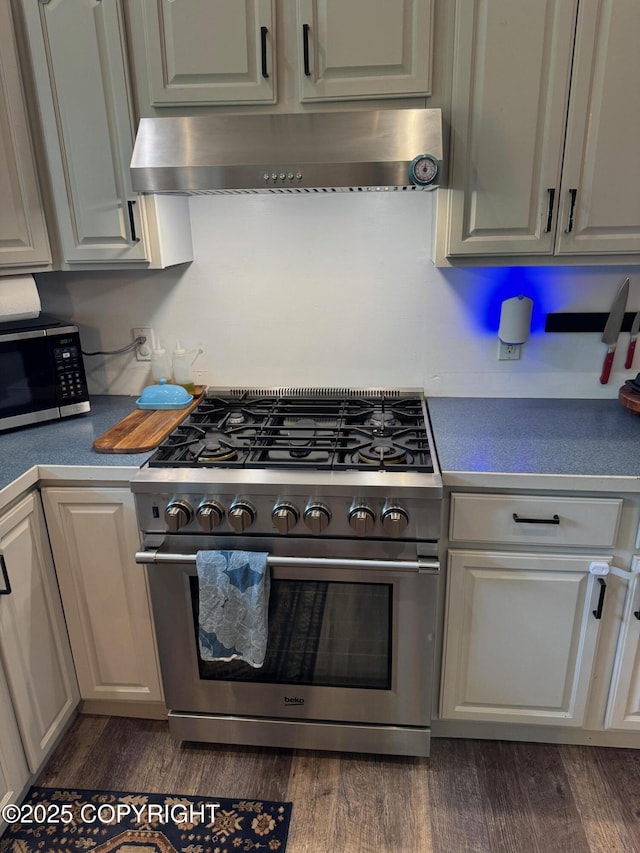 6780 W Blondell Dr, Wasilla, AK 99623 - kitchen with appliances with stainless steel finishes, ventilation hood, dark wood-style floors, and dark countertops