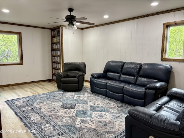11157 S Berut Rd, Palmer, AK 99645 - living room with a ceiling fan, light wood finished floors, recessed lighting, and ornamental molding
