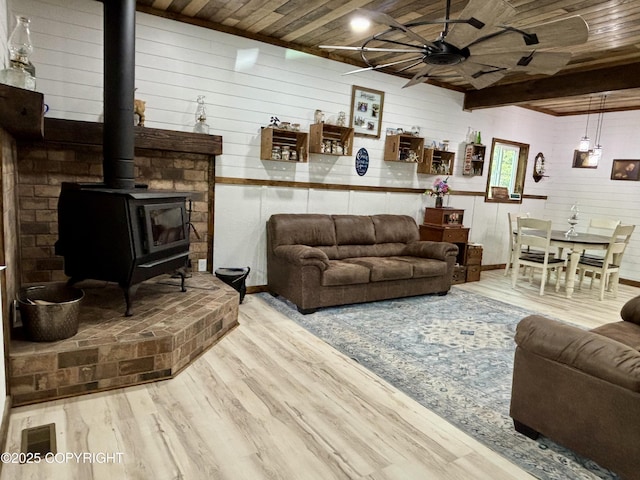 11157 S Berut Rd, Palmer, AK 99645 - living area with wood finished floors, a wood stove, ceiling fan, a wooden ceiling with exposed beams, and wood walls