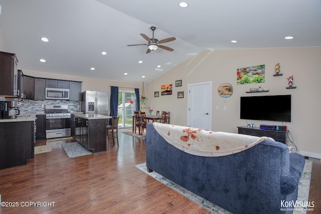 1524 N Little Susitna Dr, Wasilla, AK 99654 - living area with a ceiling fan, dark wood finished floors, lofted ceiling, and recessed lighting