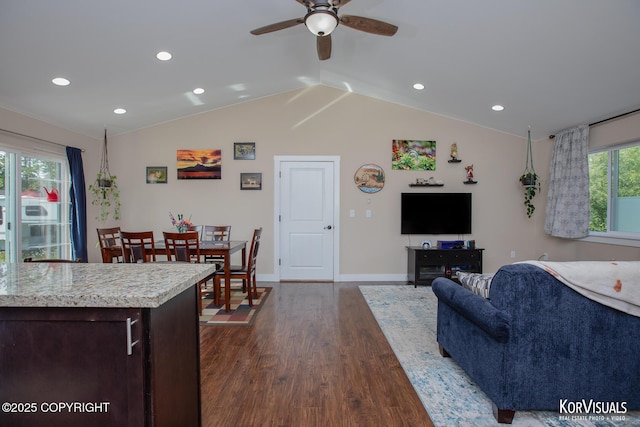 1524 N Little Susitna Dr, Wasilla, AK 99654 - living area featuring ceiling fan, dark wood finished floors, vaulted ceiling, and recessed lighting