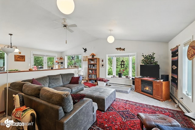 222 Crest Dr, Soldotna, AK 99669 - living room featuring baseboard heating, vaulted ceiling, a ceiling fan, a baseboard radiator, and light carpet