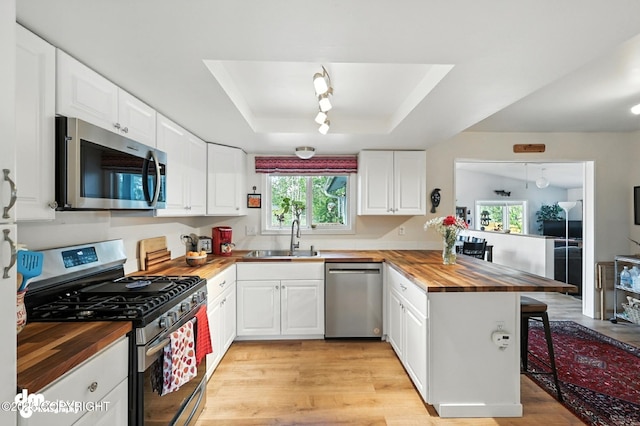 222 Crest Dr, Soldotna, AK 99669 - kitchen with butcher block counters, stainless steel appliances, a peninsula, a raised ceiling, and light wood-style flooring