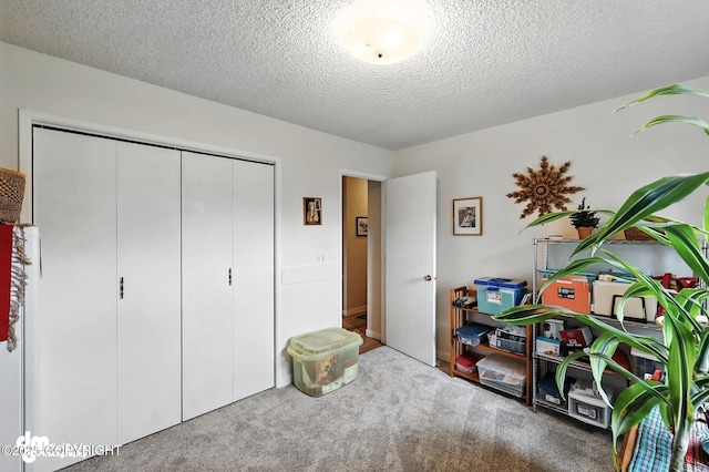 222 Crest Dr, Soldotna, AK 99669 - bedroom with carpet flooring, a closet, and a textured ceiling