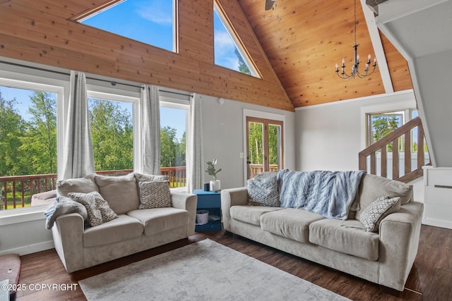 38835 Pinewood Ave, Sterling, AK 99672 - living area featuring high vaulted ceiling, a chandelier, wooden ceiling, and wood finished floors