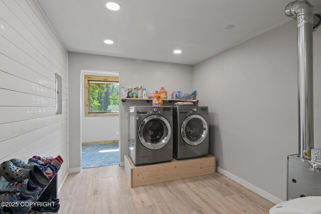 38835 Pinewood Ave, Sterling, AK 99672 - laundry room featuring independent washer and dryer, light wood-type flooring, and recessed lighting
