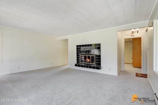 1110 F St, Anchorage, AK 99501 - unfurnished living room featuring carpet flooring, a baseboard radiator, and a fireplace
