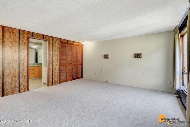 1110 F St, Anchorage, AK 99501 - unfurnished bedroom featuring light colored carpet, multiple windows, a textured ceiling, a closet, and ensuite bath