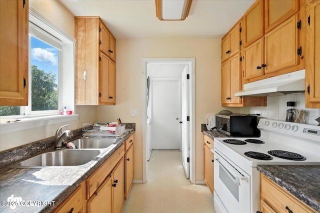 600 E Strathclyde Ln, Wasilla, AK 99654 - kitchen featuring white range with electric stovetop, under cabinet range hood, and light flooring