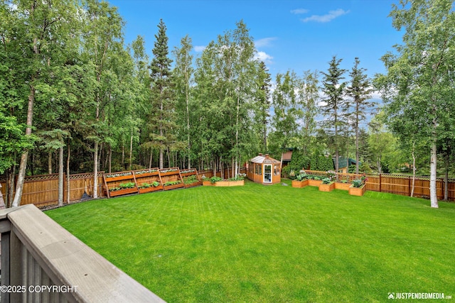 4051 Twilight Ln, Anchorage, AK 99516 - fenced backyard with a storage shed and a vegetable garden