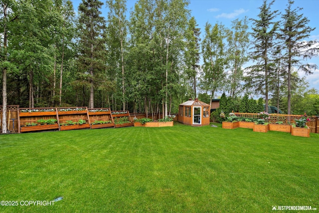 4051 Twilight Ln, Anchorage, AK 99516 - fenced backyard with a garden and a storage unit
