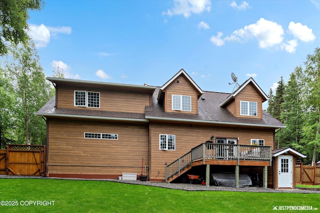 4051 Twilight Ln, Anchorage, AK 99516 - back of house with a wooden deck, a gate, stairs, and roof with shingles