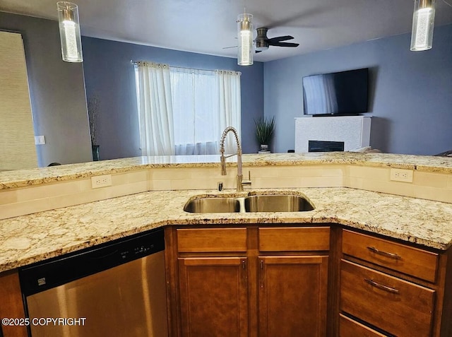 12297 Vista Ridge Loop # 55, Eagle River, AK 99577 - kitchen featuring stainless steel dishwasher, ceiling fan, light stone counters, hanging light fixtures, and brown cabinetry