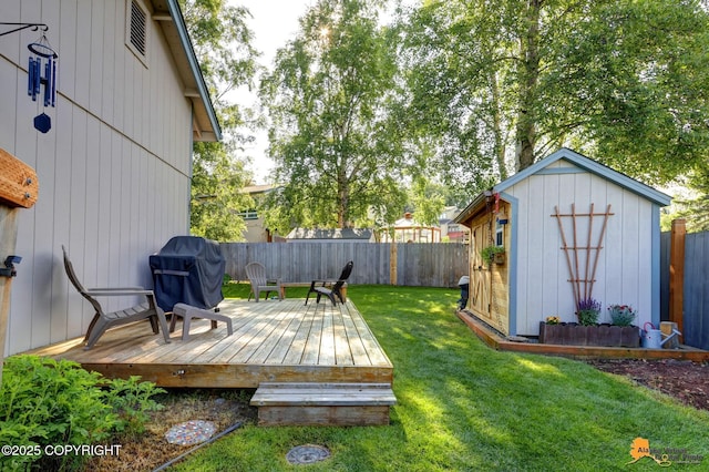 9606 Reliance Dr, Anchorage, AK 99507 - fenced backyard with a storage unit and a deck