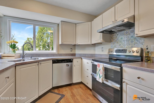 9606 Reliance Dr, Anchorage, AK 99507 - kitchen with appliances with stainless steel finishes, under cabinet range hood, light wood-type flooring, white cabinetry, and backsplash