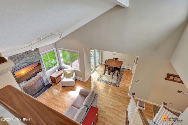 9606 Reliance Dr, Anchorage, AK 99507 - living area featuring track lighting, wood finished floors, a fireplace, lofted ceiling, and a baseboard radiator