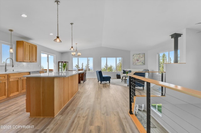 11300 Browder Ave, Anchorage, AK 99507 - kitchen with healthy amount of natural light, lofted ceiling, light wood-style floors, light countertops, and open floor plan