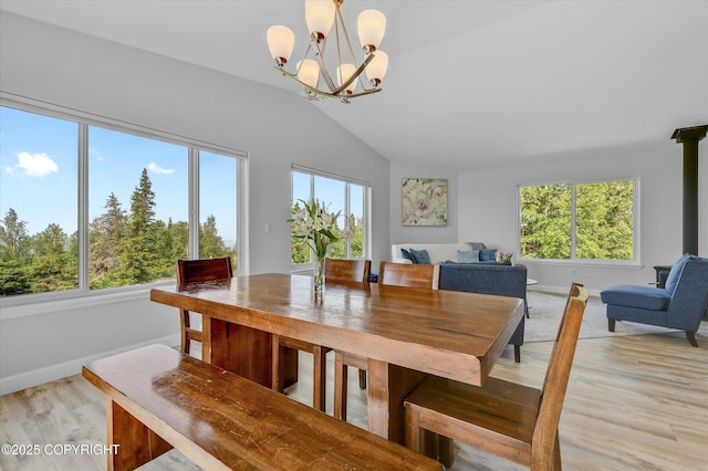 11300 Browder Ave, Anchorage, AK 99507 - dining area featuring a chandelier, light wood finished floors, plenty of natural light, and vaulted ceiling
