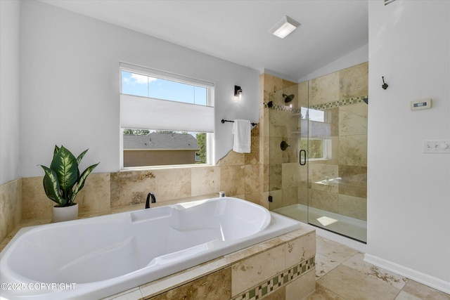 11300 Browder Ave, Anchorage, AK 99507 - full bathroom featuring a bath, a shower stall, and vaulted ceiling