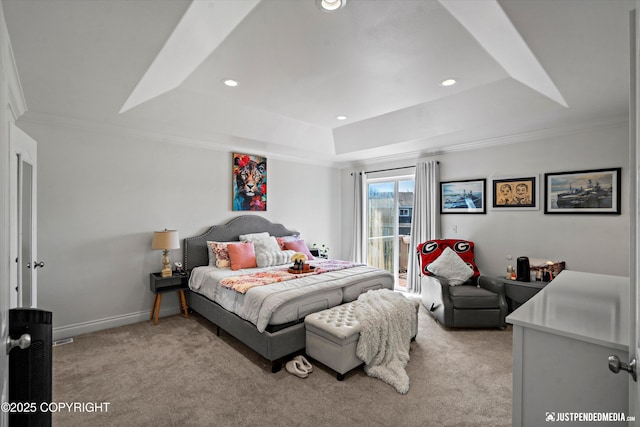2439 Maritime Loop, Anchorage, AK 99515 - bedroom with a raised ceiling, ornamental molding, light colored carpet, recessed lighting, and access to exterior
