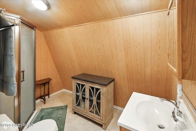 45552 Spruce Ave # 123, Soldotna, AK 99669 - full bath featuring a stall shower, wood walls, wood ceiling, and vanity