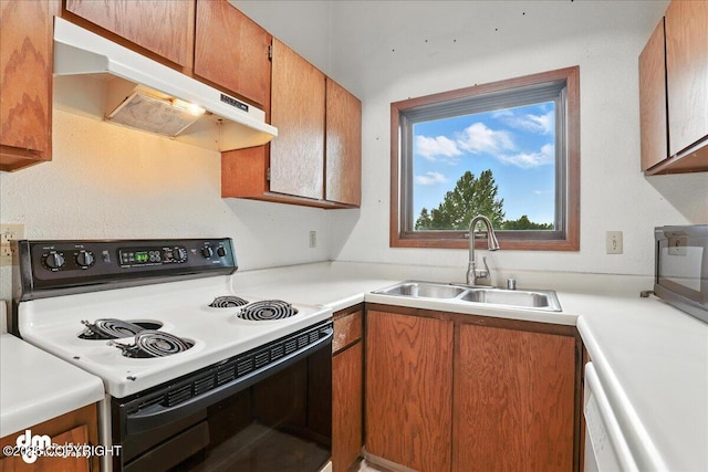 3681 E 20th Ave, Anchorage, AK 99508 - kitchen with range with electric stovetop, under cabinet range hood, light countertops, brown cabinets, and dishwasher