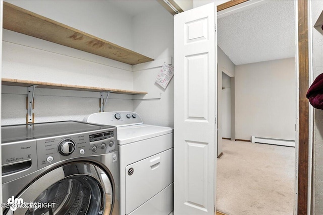 3681 E 20th Ave, Anchorage, AK 99508 - laundry room with washer and dryer, carpet, baseboard heating, and a textured ceiling