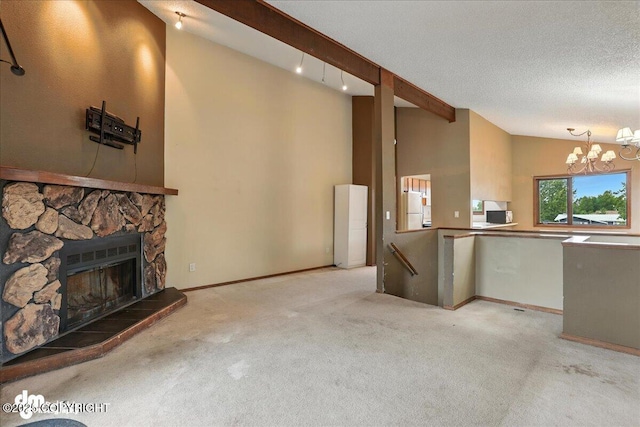 3681 E 20th Ave, Anchorage, AK 99508 - unfurnished living room with carpet floors, a chandelier, a stone fireplace, and a textured ceiling