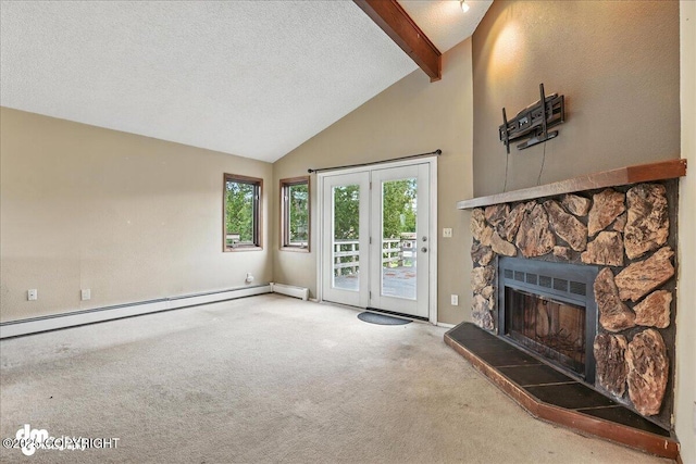3681 E 20th Ave, Anchorage, AK 99508 - unfurnished living room with carpet floors, a baseboard radiator, beam ceiling, high vaulted ceiling, and a textured ceiling