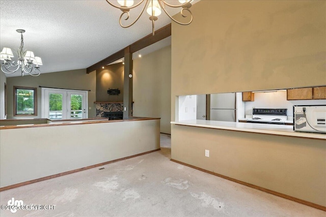 3681 E 20th Ave, Anchorage, AK 99508 - kitchen with a chandelier, white appliances, lofted ceiling, brown cabinetry, and a textured ceiling