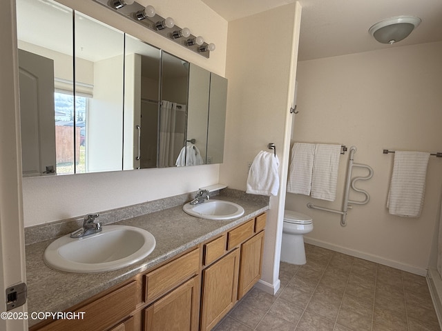 123 Green Valley St, Soldotna, AK 99669 - full bathroom featuring double vanity, tile patterned floors, and a shower with shower curtain