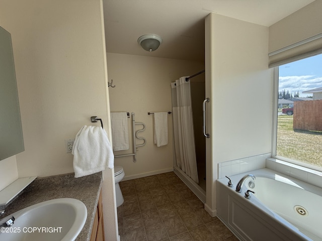 123 Green Valley St, Soldotna, AK 99669 - bathroom with healthy amount of natural light, vanity, a garden tub, and a shower with shower curtain