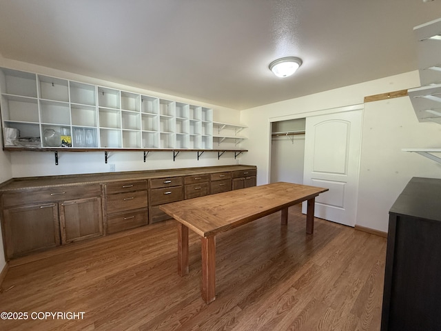 123 Green Valley St, Soldotna, AK 99669 - kitchen with open shelves, light wood-type flooring, and dark countertops