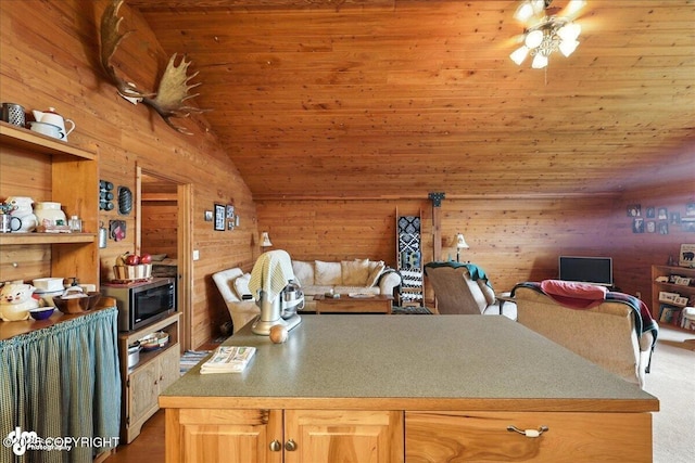 64320 Trail Rd, Anchor Point, AK 99556 - kitchen featuring stainless steel microwave, open floor plan, lofted ceiling, wood ceiling, and ceiling fan
