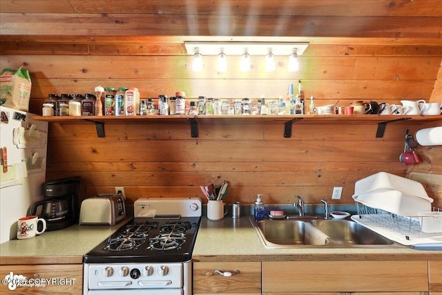64320 Trail Rd, Anchor Point, AK 99556 - kitchen with white range with gas cooktop, wood walls, open shelves, and light countertops