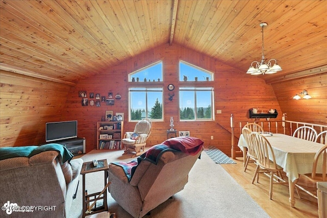 64320 Trail Rd, Anchor Point, AK 99556 - living area featuring wood walls, wood finished floors, a chandelier, vaulted ceiling, and wood ceiling