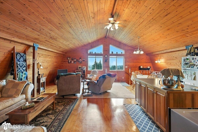 64320 Trail Rd, Anchor Point, AK 99556 - living room with wood walls, wood finished floors, lofted ceiling, wooden ceiling, and a ceiling fan