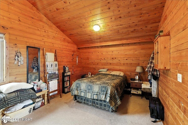 64320 Trail Rd, Anchor Point, AK 99556 - bedroom featuring lofted ceiling, wood walls, carpet floors, and wood ceiling