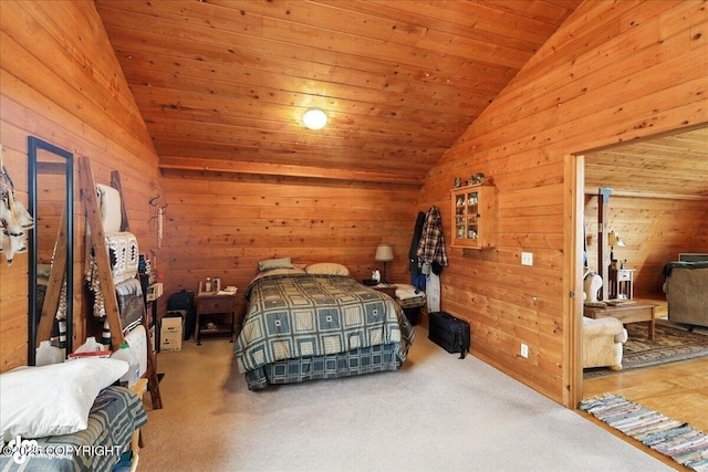 64320 Trail Rd, Anchor Point, AK 99556 - bedroom featuring vaulted ceiling, wooden walls, and carpet