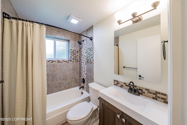 312 W Riverview Ave, Soldotna, AK 99669 - bathroom with shower / bath combo, decorative backsplash, and vanity