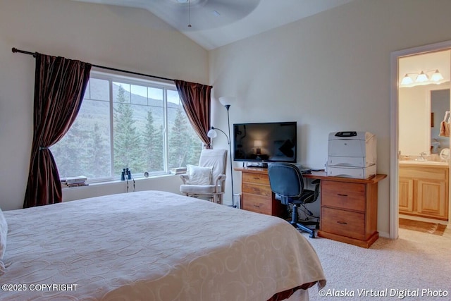 20103 Riverside Dr # 1B, Eagle River, AK 99577 - bedroom featuring vaulted ceiling, carpet flooring, connected bathroom, and an office area