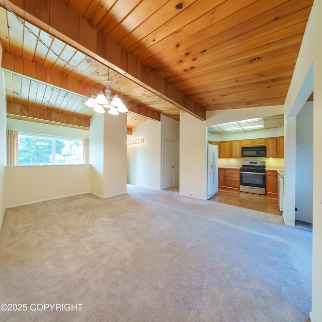 2831 Bennett Ave, Anchorage, AK 99517 - unfurnished living room featuring a chandelier, light carpet, and wooden ceiling