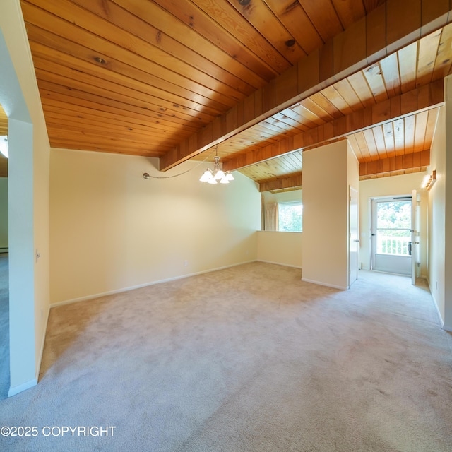 2831 Bennett Ave, Anchorage, AK 99517 - carpeted empty room featuring a chandelier and a wooden ceiling with exposed beams
