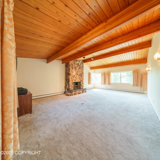 2831 Bennett Ave, Anchorage, AK 99517 - unfurnished living room featuring a baseboard radiator, a wooden ceiling with exposed beams, a stone fireplace, and carpet