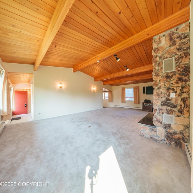 2831 Bennett Ave, Anchorage, AK 99517 - unfurnished living room with wooden ceiling, carpet flooring, and a baseboard radiator