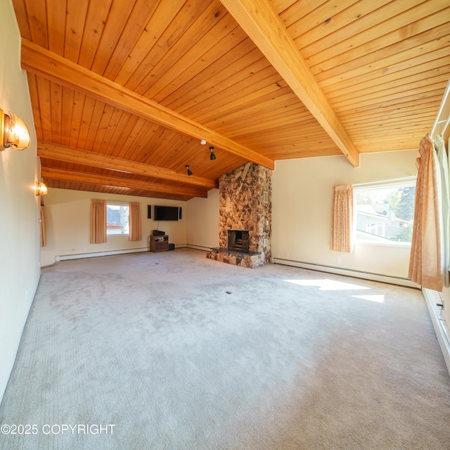 2831 Bennett Ave, Anchorage, AK 99517 - unfurnished living room with baseboard heating, wood ceiling, a fireplace, and carpet floors