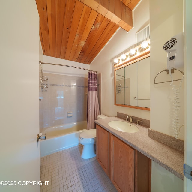 2831 Bennett Ave, Anchorage, AK 99517 - bathroom featuring lofted ceiling, wooden ceiling, shower / bath combination with curtain, vanity, and tile patterned floors