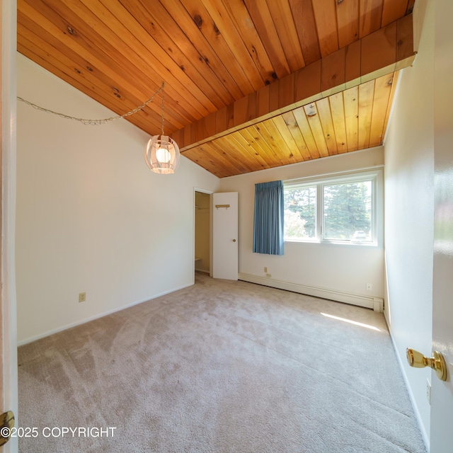 2831 Bennett Ave, Anchorage, AK 99517 - carpeted spare room with a baseboard radiator, lofted ceiling, and wood ceiling