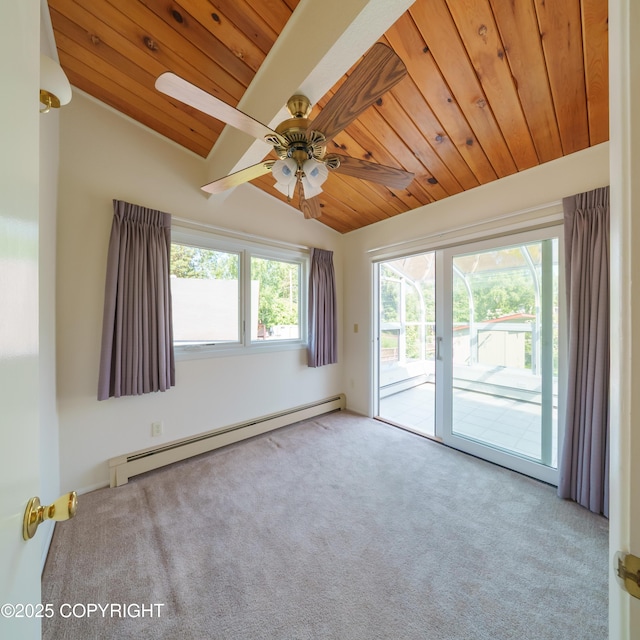 2831 Bennett Ave, Anchorage, AK 99517 - empty room featuring a baseboard heating unit, wood ceiling, lofted ceiling, carpet, and a ceiling fan
